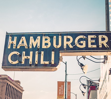 Restaurant signs for Hamburger Chili in Pflugerville, TX